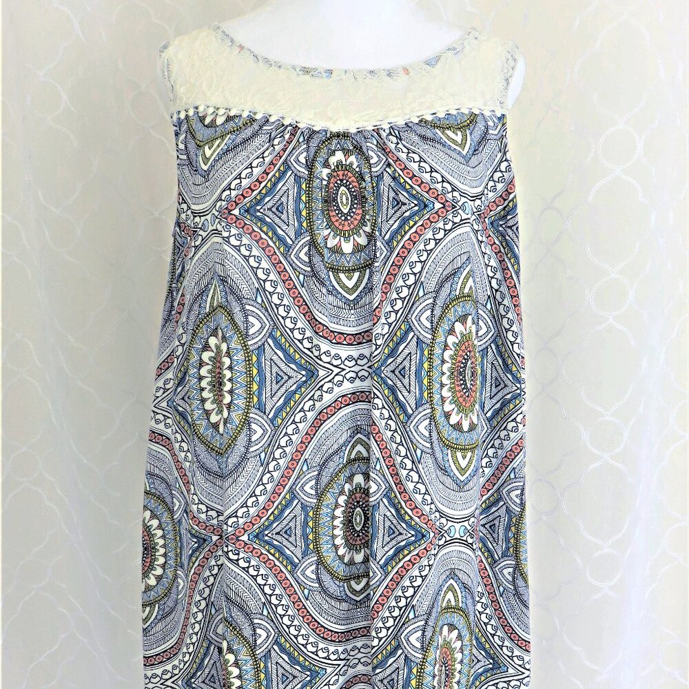 Blue Print Summer Dress with Lace Yoke Blue and Orange ....126